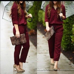 LOFT Burgundy Long Sleeve Jumpsuit LARGE